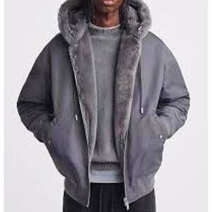 New Zara men's size M Reversible Water Resistant faux fur Bomber jacket gray
